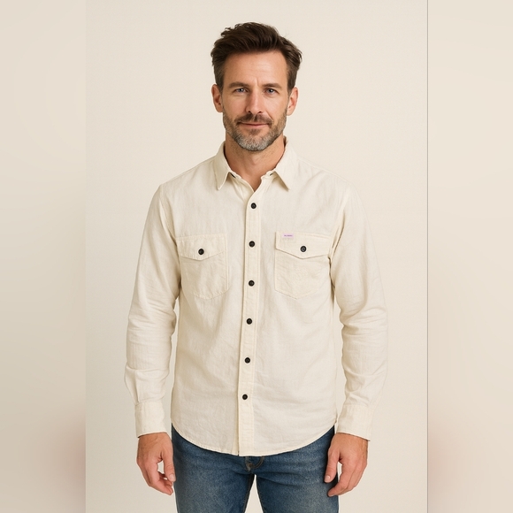 Topo Designs × Fat Tire Beer Men's Large Long Sleeve Button Cotton Shirt White - Picture 1 of 9